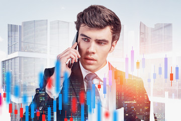 Poster - Businessman on smartphone in city, chart
