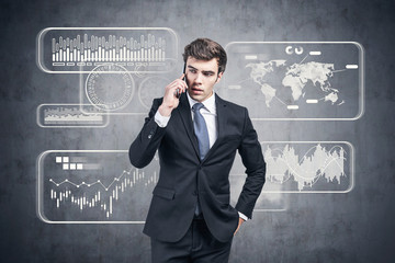 Poster - Young businessman on phone, infographics