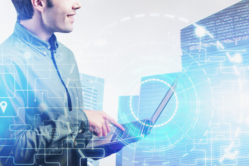 Poster - Man with laptop in city, big data interface