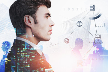 Poster - Confident businessman and team in city, big data