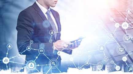 Poster - Man with tablet in city, business interface