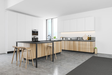 Luxury white kitchen corner with wooden bar