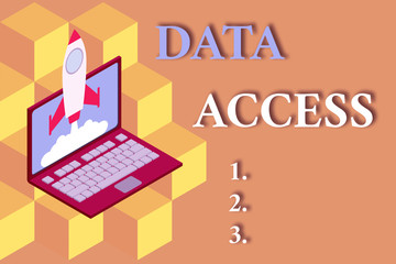 Word writing text Data Access. Business photo showcasing a user s is ability to access data stored within a database Rocket launching clouds laptop background. Startup project growing. SEO