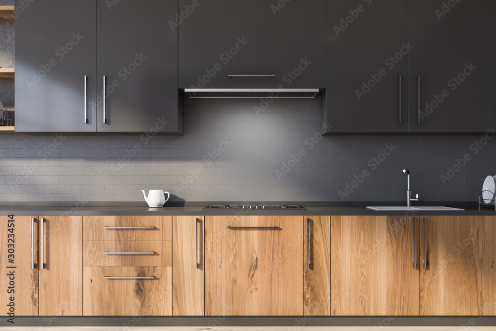 Gray kitchen with wooden countertops - obrazy, fototapety, plakaty 