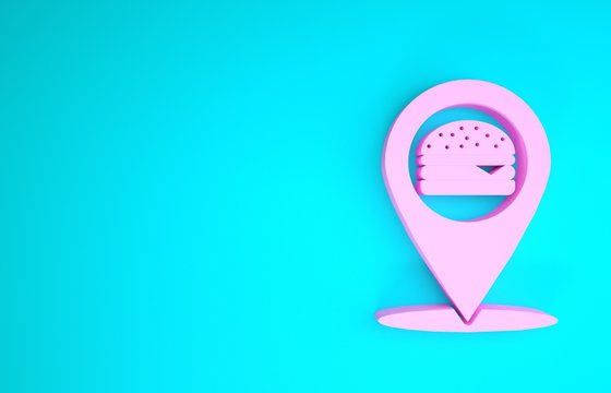 Pink Map pointer with fast food burger icon isolated on blue background. Minimalism concept. 3d illustration 3D render