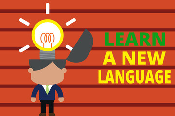 Poster - Word writing text Learn A New Language. Business photo showcasing Study Words other than the Native Mother Tongue Standing successful man suit necktie surging brilliant innovative solutions