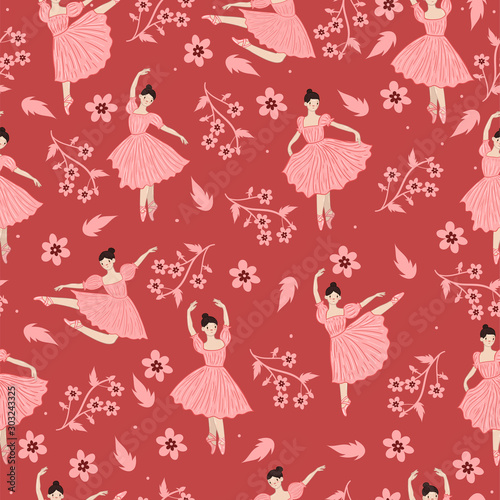 Seamless pattern with ballerinas and flowers of pink color. Vector graphics.