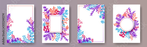 Tropical herb twigs, tree branches, leaves floral invitation cards set. Plant...