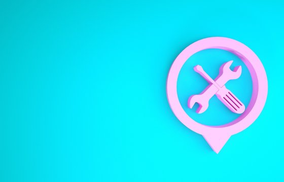 Pink Location with crossed screwdriver and wrench tools icon isolated on blue background. Pointer settings symbol. Minimalism concept. 3d illustration 3D render