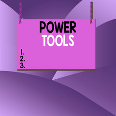 Poster - Handwriting text writing Power Tools. Conceptual photo tool that is actuated by additional power source and mechanism Wooden board wood rectangle shape empty frame fixed colorful striped string