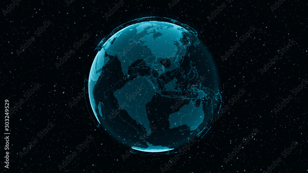 3D Digital Earth shows concept of global network connection of international people in global business rotating in stars and space background. Modern information technology and globalization concept. - obrazy, fototapety, plakaty 