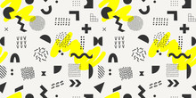 Vector Geometric Seamless Pattern With Yellow Brush Strokes. Hipster Memphis Style.
