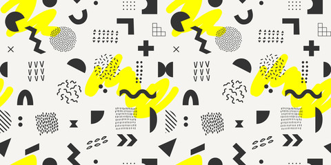 Vector geometric seamless pattern with yellow brush strokes. Hipster Memphis style.
