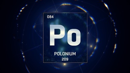 3D illustration of Polonium as Element 84 of the Periodic Table. Blue illuminated atom design background with orbiting electrons. Design shows name, atomic weight and element number