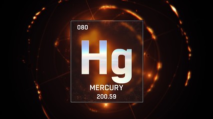 3D illustration of Mercury as Element 80 of the Periodic Table. Orange illuminated atom design background with orbiting electrons. Design shows name, atomic weight and element number