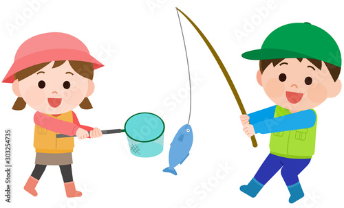 魚釣りする男の子 女の子 イラスト Stock Vector Adobe Stock
