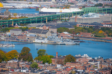 Boston Charlestown Navy Yard in Boston Harbor aerial view, Boston, Massachusetts, MA, USA.