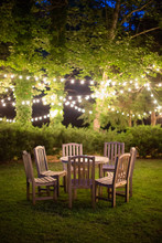 Table For Four In The Woods With Bistro Lights