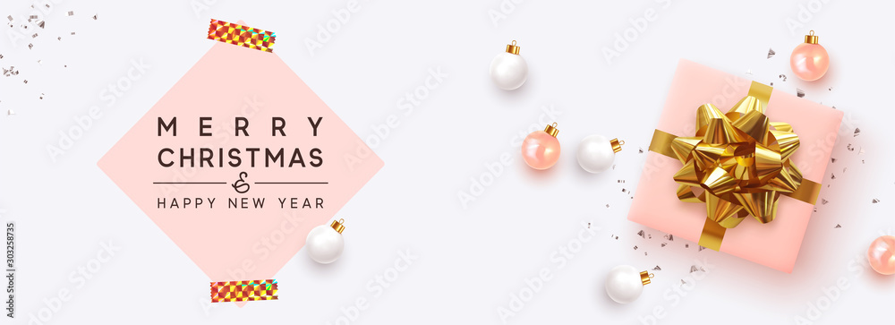 Holiday Christmas Banner. Xmas background with realistic pink gift boxes, white rose color balls. Horizontal poster, header for website, greeting card. Advertising flyer brochure. soft pastel colors - obrazy, fototapety, plakaty 