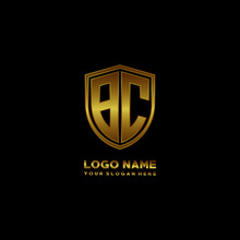 Initial Letters BC Shield Shape Gold Monogram Logo. Shield Secure Safe Logo Design Inspiration