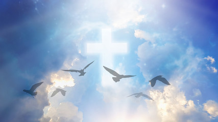 Imagine Christian Cross that illuminates the beautiful rainbow sky on a fluffy white cloud. And the light that shines down among the birds that fly in the sky As love and freedom of Jesus