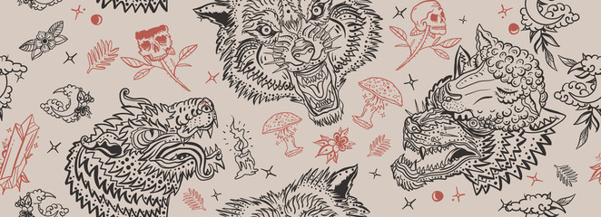 Wolf head seamless pattern. Old school tattoo art. Retro style. Dark gothic background. Aggressive wolves traditional tattooing background. Magic fairy tale style. Werewolf in sheep clothing