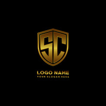 Initial Letters SC Shield Shape Gold Monogram Logo. Shield Secure Safe Logo Design Inspiration