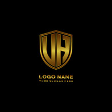 Initial Letters UH VH Shield Shape Gold Monogram Logo. Shield Secure Safe Logo Design Inspiration