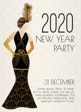 2020 New Year Art Deco Style Party Invitation Design With Girl In Dress