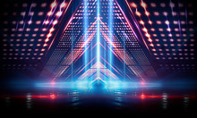 Background Of Empty Show Scene. Empty Dark Modern Abstract Neon Background. Glow Of Neon Lights On An Empty Stage, Diodes, Rays And Lines. Lights Of The Night City.