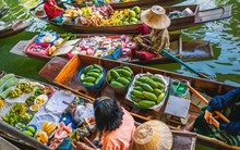 Top View Damnoen Saduak Business Floating Market, Fruit Food On Thai Tradition Boat In Canal, Popular Famous Landmark Water Tourist Travel Bangkok Thailand, Tourism Beautiful Destinations Place Asia
