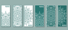 Set Of Cards With The Image Of A Circular Mandala In Turquoise Color.