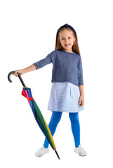 Wall Mural - Fashionable little girl in autumn clothes and with umbrella on white background