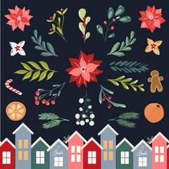 Wall Mural - Christmas clipart vector illustration collection for posters,cards banners, flyer, cover, stationery, fabric decoration. Set  of hand drawn scandinavian style floral and objects for christmas products