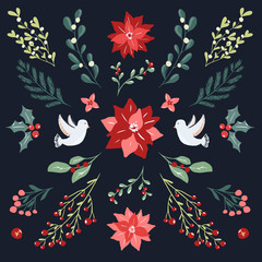 Wall Mural - Christmas clipart vector illustration collection for posters,cards banners, flyer, cover, stationery, fabric decoration. Set  of hand drawn scandinavian style floral and objects for christmas products