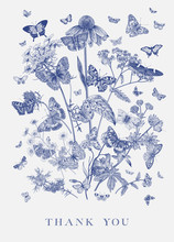 ..Butterflies And Wild Flowers. Card. Vector Vintage Classic Illustration. Thank You. Blue And White..