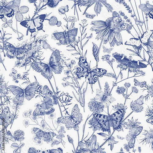Dekoracja na wymiar  motyle-i-dzikie-kwiaty-wzor-vintage-klasyczna-ilustracja-wektorowa-niebieski-i-bialy