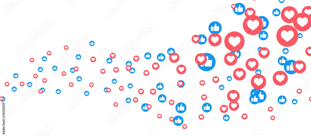Vector like and love icons background. Social media vector illustration, like and love icons - obrazy, fototapety, plakaty 