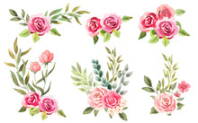 Watercolor Roses. Flowers, Leaves. Bouquets Set Isolated