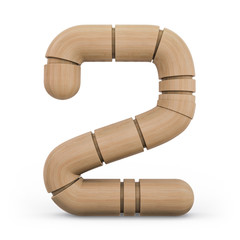 Sticker - Number 2. Digital sign. Wooden futuristic font. Carved alphabet. 3d.