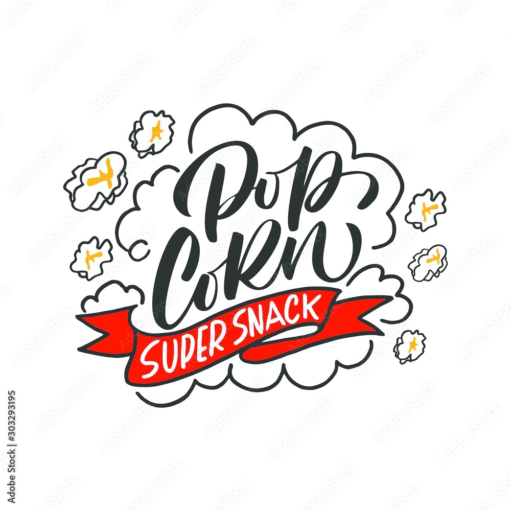 Cursive Popcorn Popcorn text label with popping. Hand drawn typography sign. Stock ...