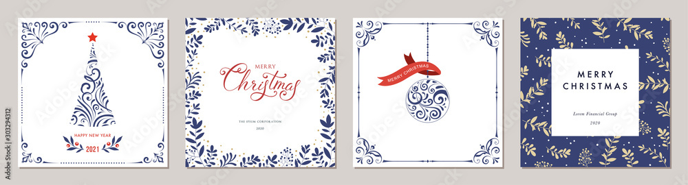 Ornate Merry Christmas greeting cards. Trendy square Winter Holidays art templates. - obrazy, fototapety, plakaty 