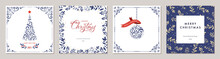 Ornate Merry Christmas Greeting Cards. Trendy Square Winter Holidays Art Templates.