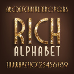 Fototapete - Rich alphabet font. Gold effect art deco letters and numbers with shadow. Stock vector typescript for your design.