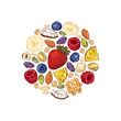 © Maria - Granola round design. Engraved style illustration. Various berries, fruits and nuts. Vector illustration