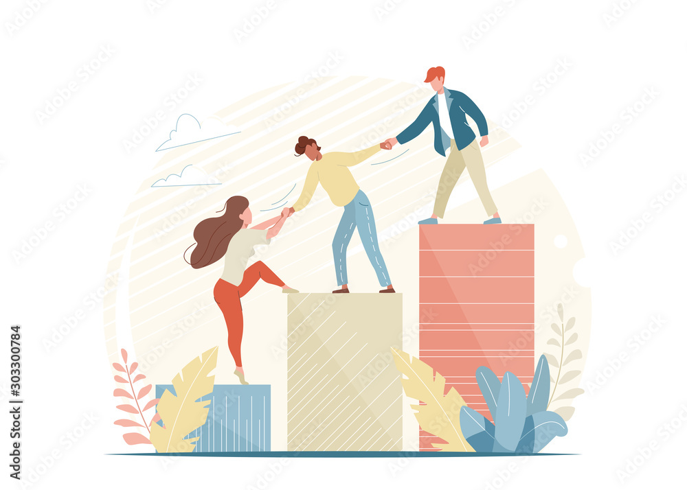 People help and grow together. Business woman and man climb up ladder. Teamwork concept illustration isolated on white background - obrazy, fototapety, plakaty 