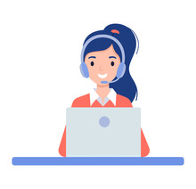 Girl In The Headphones. Customer Support Center Via Phone. Mail Operator Service Icons Concept. Vector Illustration In Flat Style