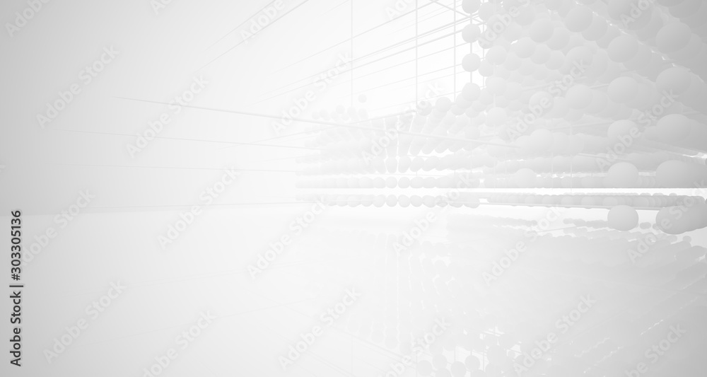 Abstract white architectural interior from an array of spheres with large windows. 3D illustration and rendering. - obrazy, fototapety, plakaty 