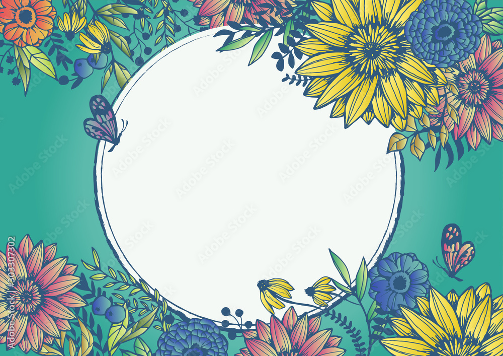 レトロな花柄の背景素材 ポップ 手書きイラスト 青 ターコイズブルー