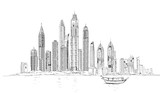 Fototapeta Londyn -  Illustration of the Dubai skyline: Skyscrapers of Marina and tourist boat 